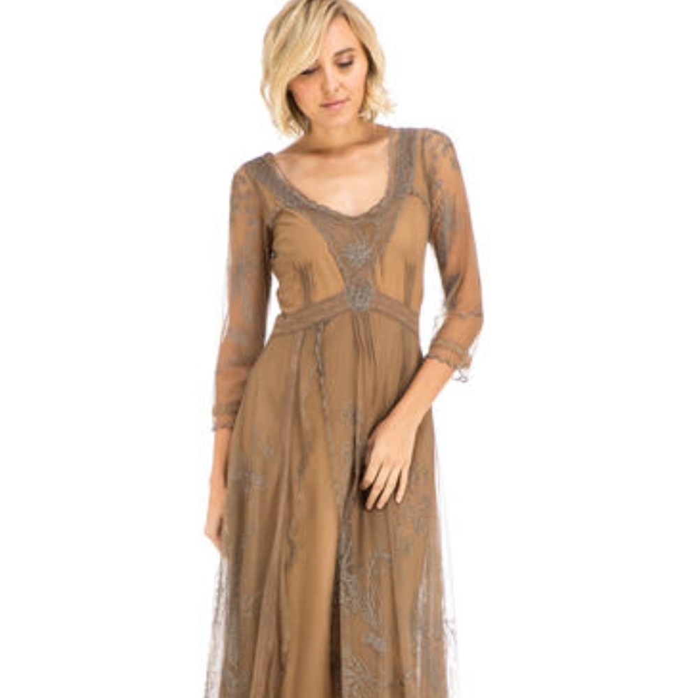 Nataya Taupe Embroidered Sheer-Sleeve Wedding Gown